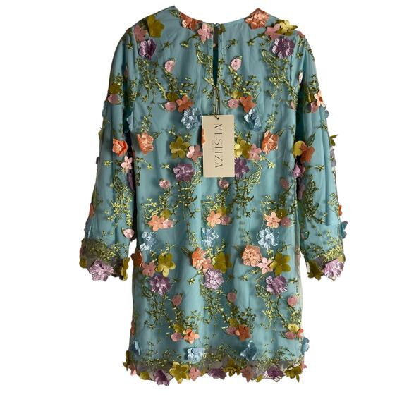 Mestiza Flora Blue 3D Floral Appliqué Flare Sleeve Cocktail Mini Dress Size M - Picture 11 of 16